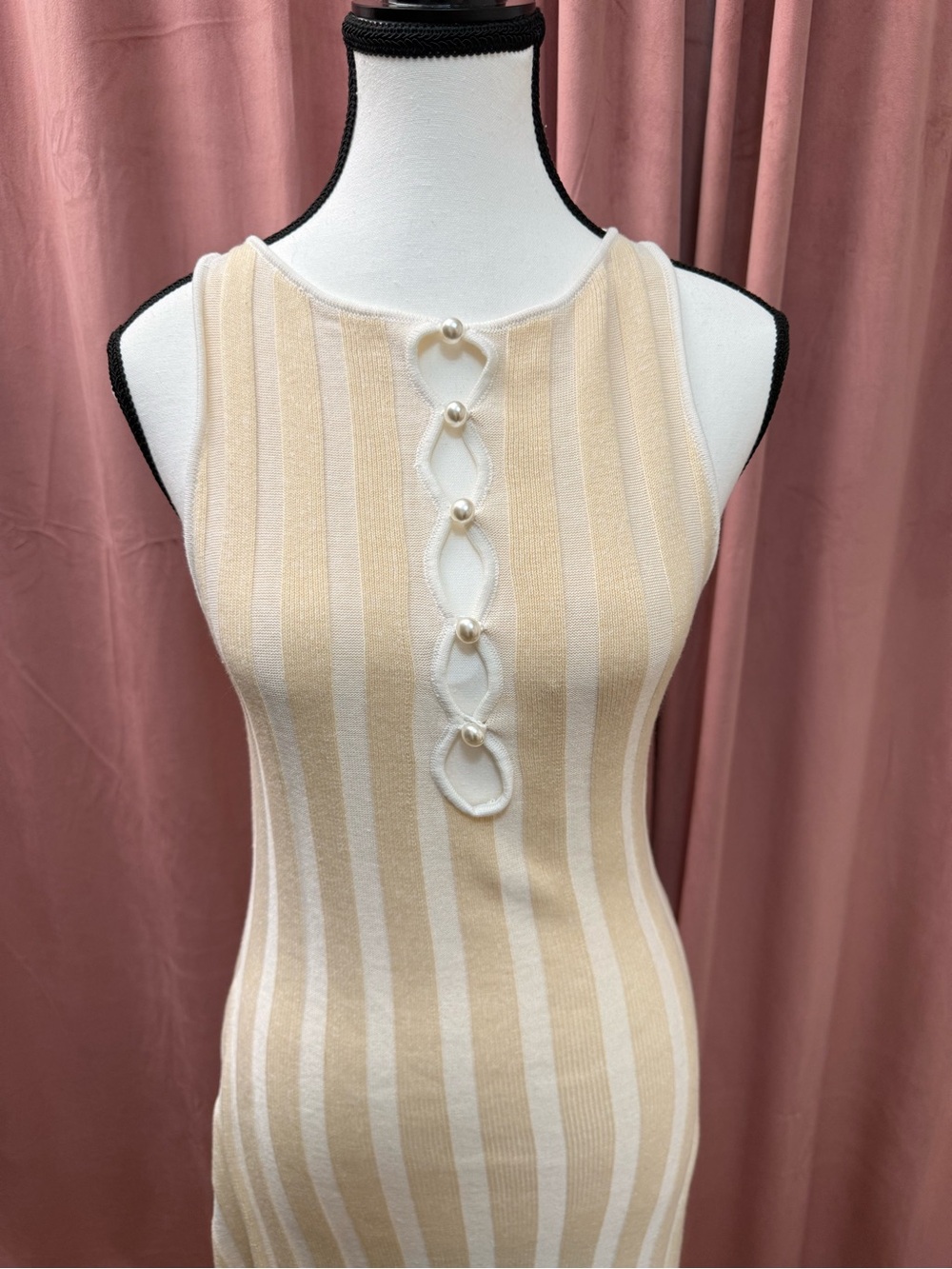 NWT VRG GRL Sleeveless Cream & White Striped Knit Dress with Pearl Detail